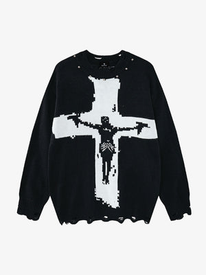 Cross Jacquard Ripped Long Sleeve Sweater