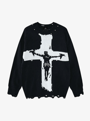 Cross Jacquard Ripped Long Sleeve Sweater