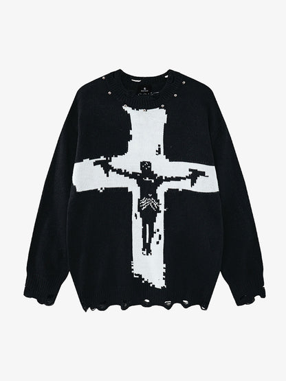 Cross Jacquard Ripped Long Sleeve Sweater