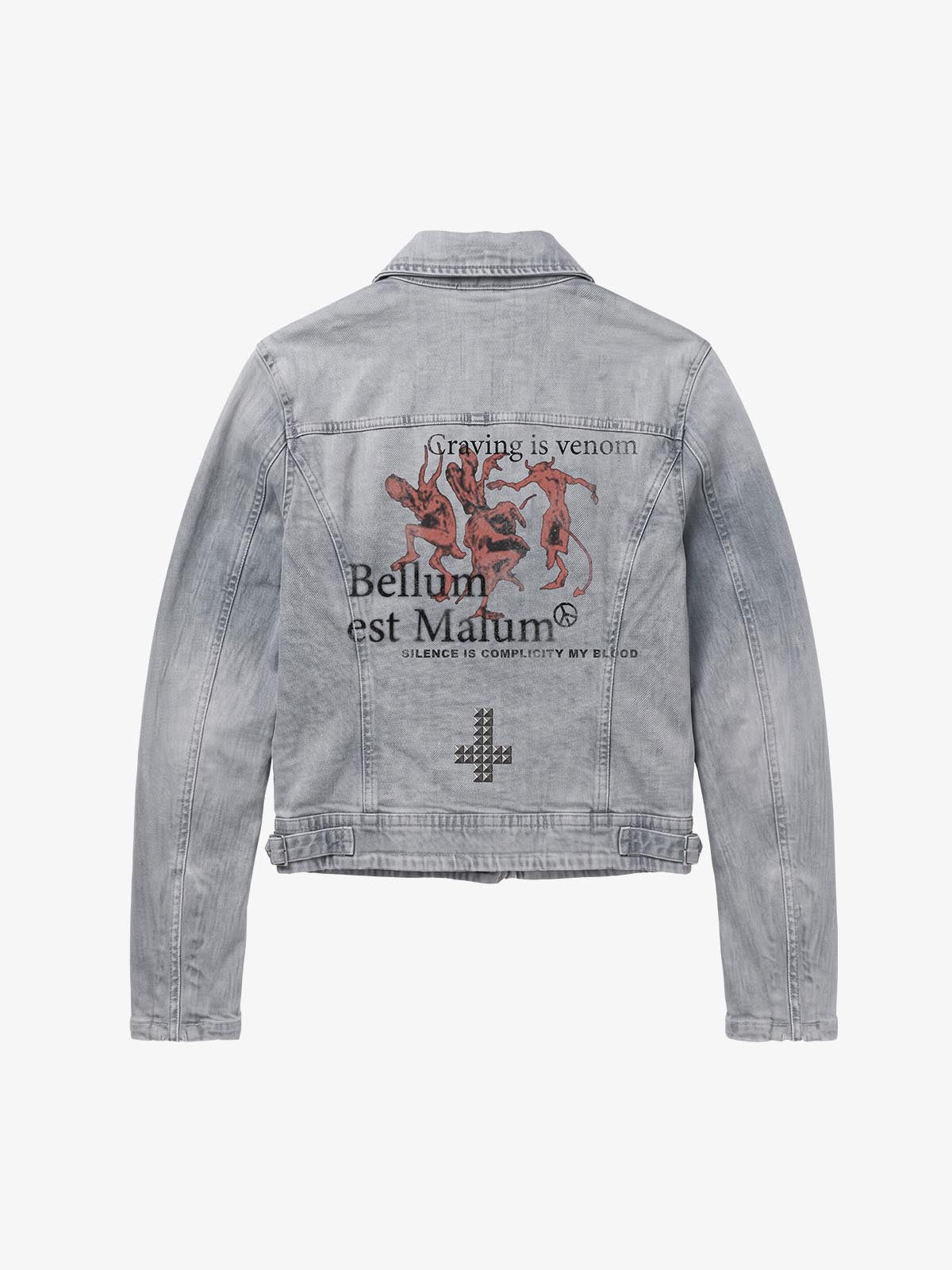 Devil Graphic Studded Heavyweight Biker Denim Jacket