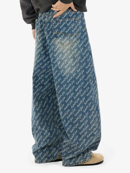 All-Over Letter Graphic Distressed Jeans