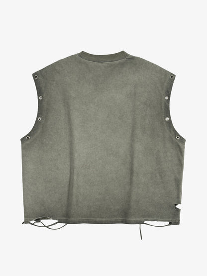 Distressed Sleeveless Tank Top with Punk Boxing Skull Print – Cotton Blend Grommet Detail Streetwear