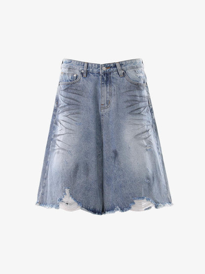 Distressed Wide-Leg Denim Shorts 