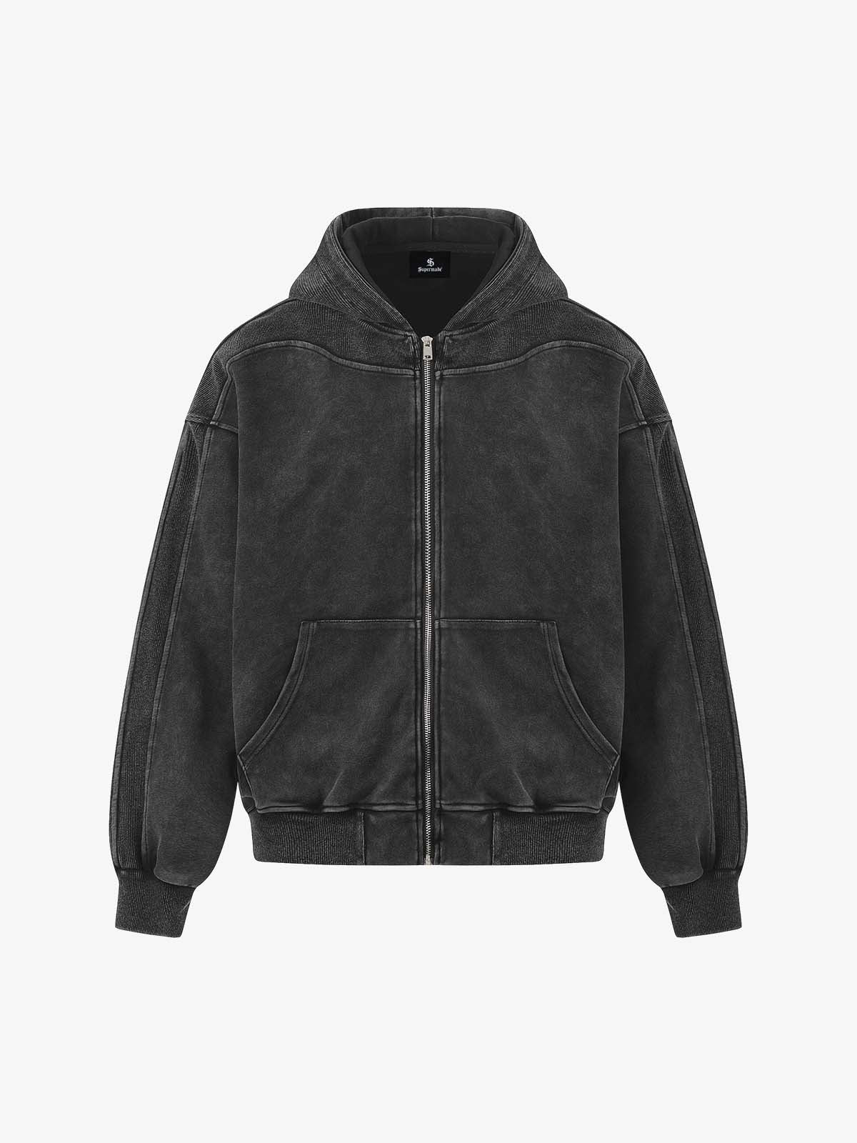 Vintage Washed Panel Construction Zip-Up Hoodie