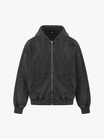 Vintage Washed Panel Construction Zip-Up Hoodie 