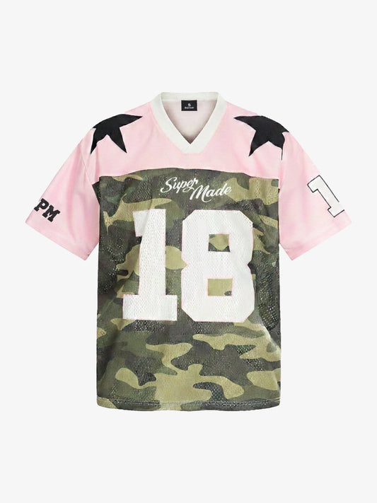 Cotton Blend Camo Print Football Jersey with Pink V-Neck and Number 18 Design 