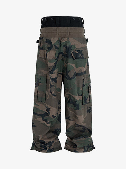 Three-Waist Splicing Camouflage Cargo Buckle Waist Design Overalls 