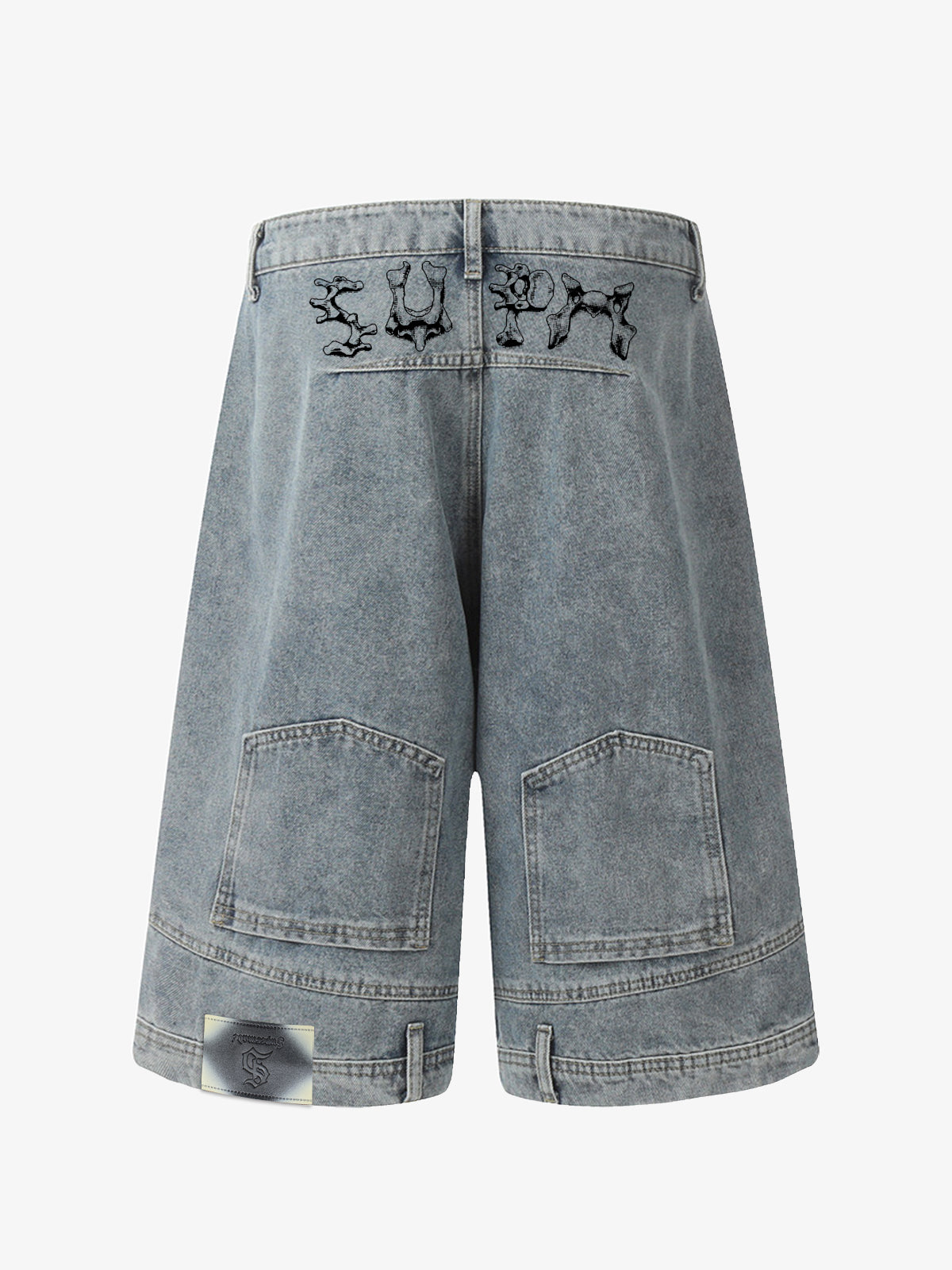 Denim Wide Leg Shorts with Skeleton Logo Embroidery and Patch Detail 