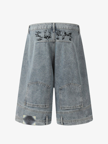 Denim Wide Leg Shorts with Skeleton Logo Embroidery and Patch Detail 