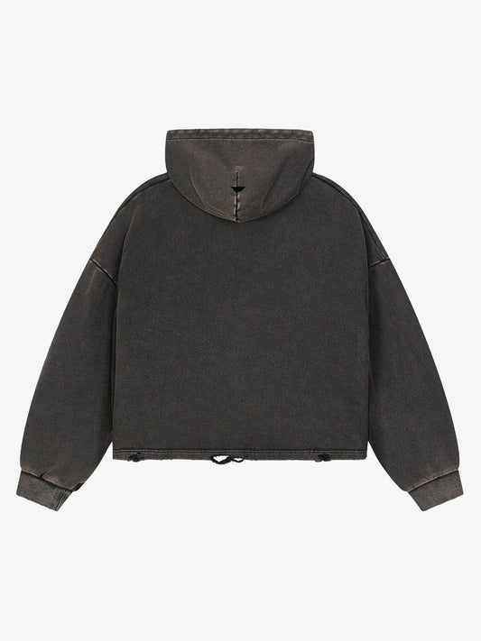 Flame Wing Biker Graphic Washed Distressed Hoodie