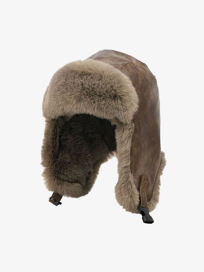 Vintage Distressed Leather Plush Trapper Hat 