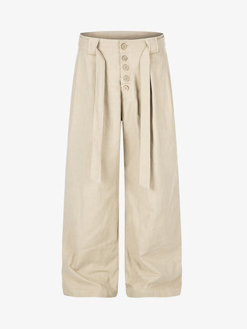 Button-Front Belted Casual Pants