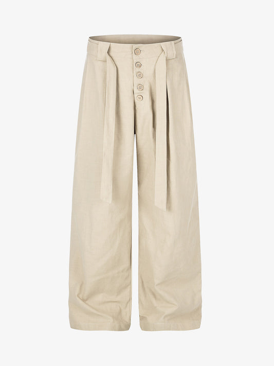 Button-Front Belted Casual Pants