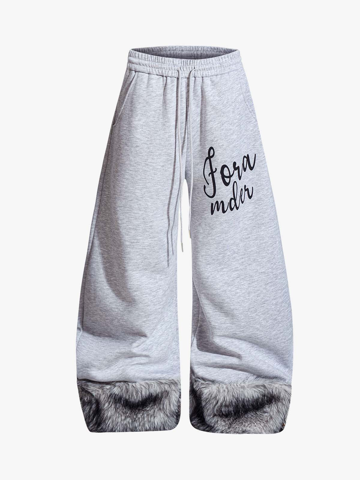 Faux Fur Spliced Hem Wide-Leg Sweatpants 