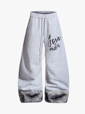 Faux Fur Spliced Hem Wide-Leg Sweatpants 