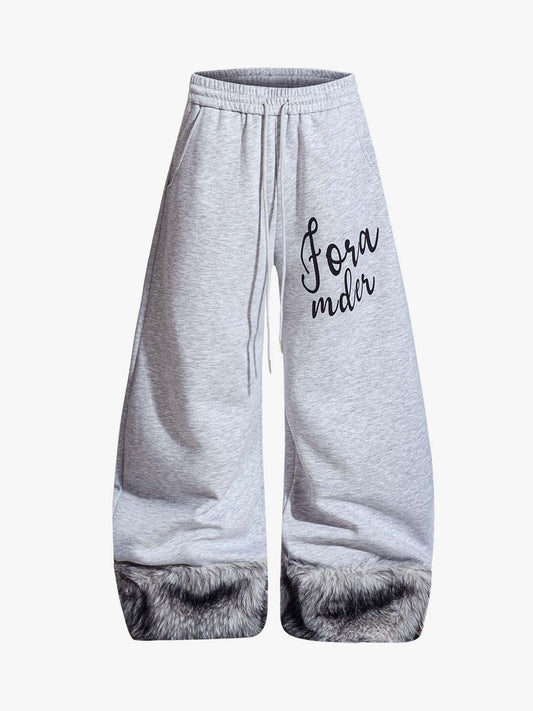 Faux Fur Spliced Hem Wide-Leg Sweatpants 
