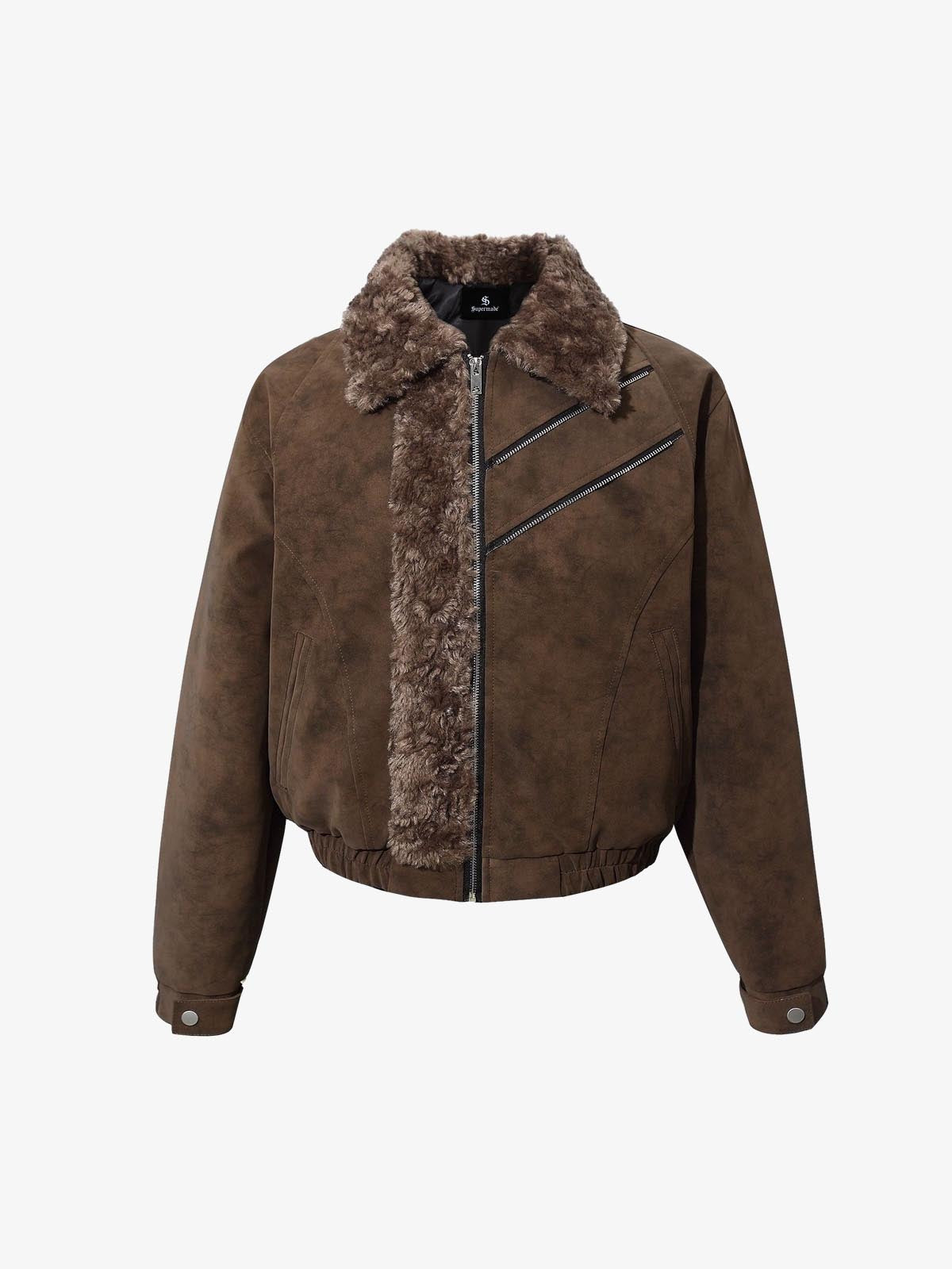 Retro Suede Texture Shearling Collar Fleece Bomber Jacket 