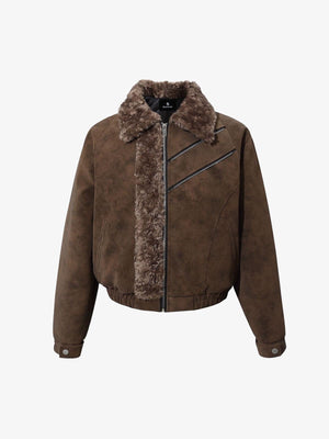 Retro Suede Texture Shearling Collar Fleece Bomber Jacket 