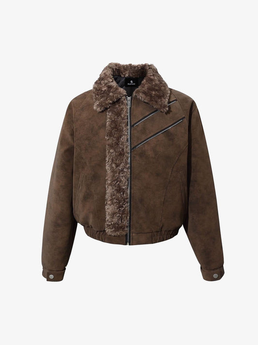 Retro Suede Texture Shearling Collar Fleece Bomber Jacket 