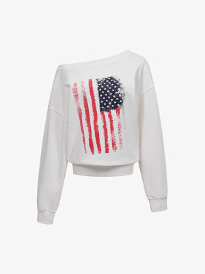 Flag Print Off-Shoulder Sweatshirt