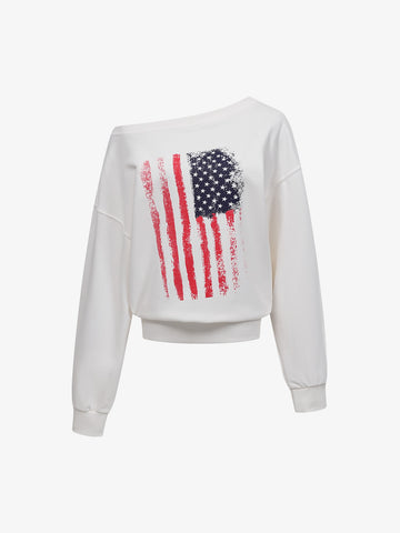 Flag Print Off-Shoulder Sweatshirt