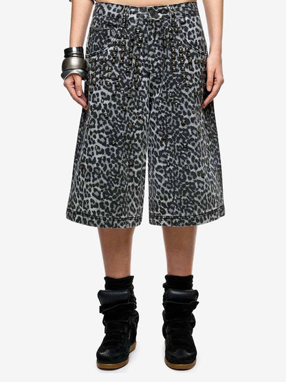 Leopard Rhinestone Distressed Washed Jeans