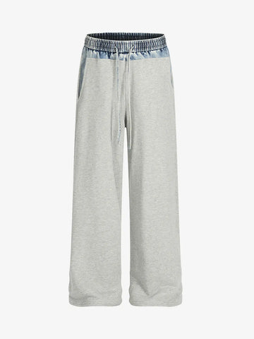Vintage Wash Denim Waistband Patchwork Sweatpants 