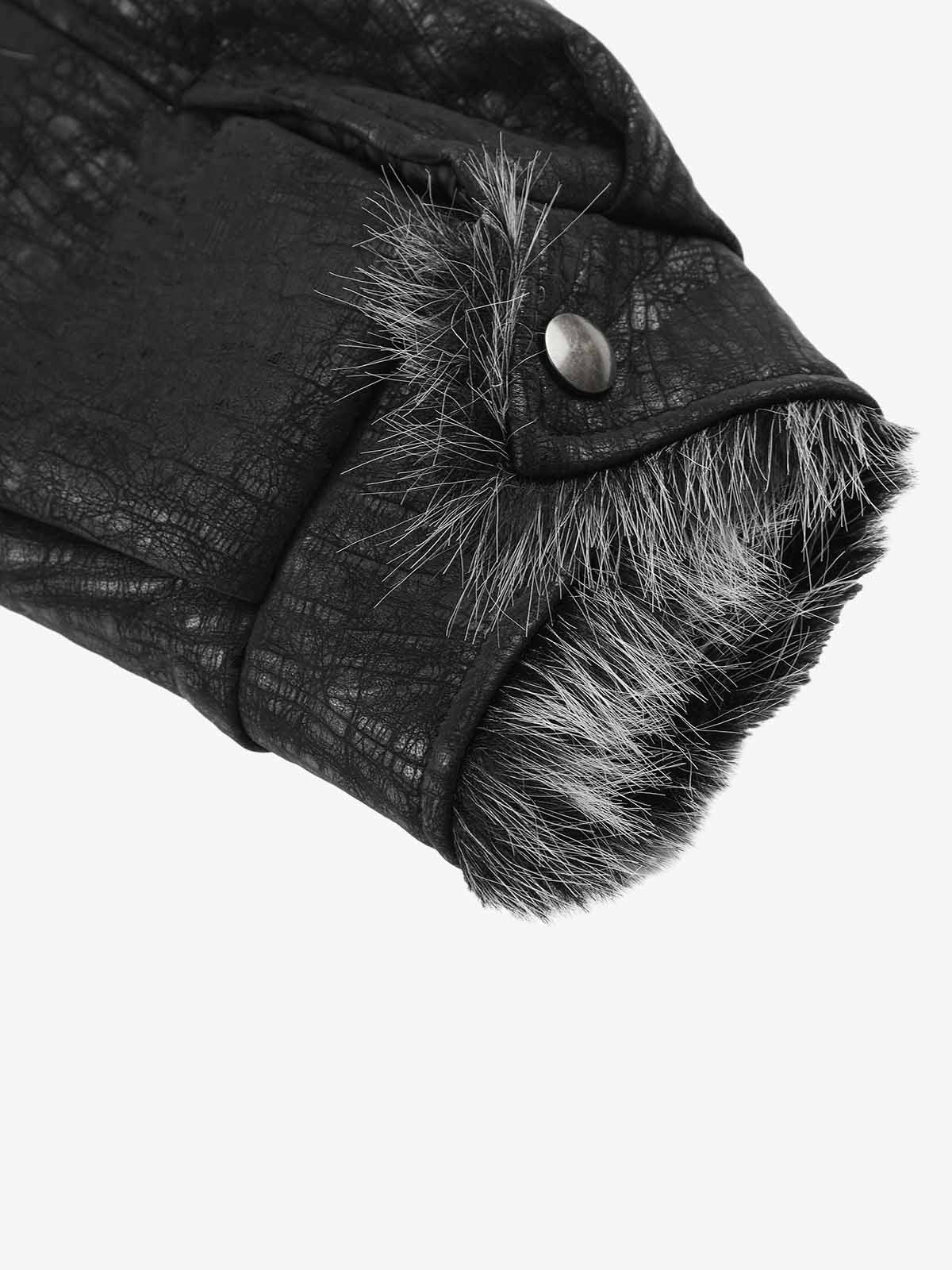 Deconstructed Faux-Fur Trim Stand-Collar PU Leather Coat