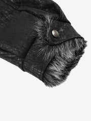 Deconstructed Faux-Fur Trim Stand-Collar PU Leather Coat