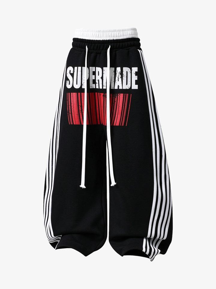 Double-Waist Striped Baggy Sweatpants; Black / S, Black / M, Black / L, Black / XL