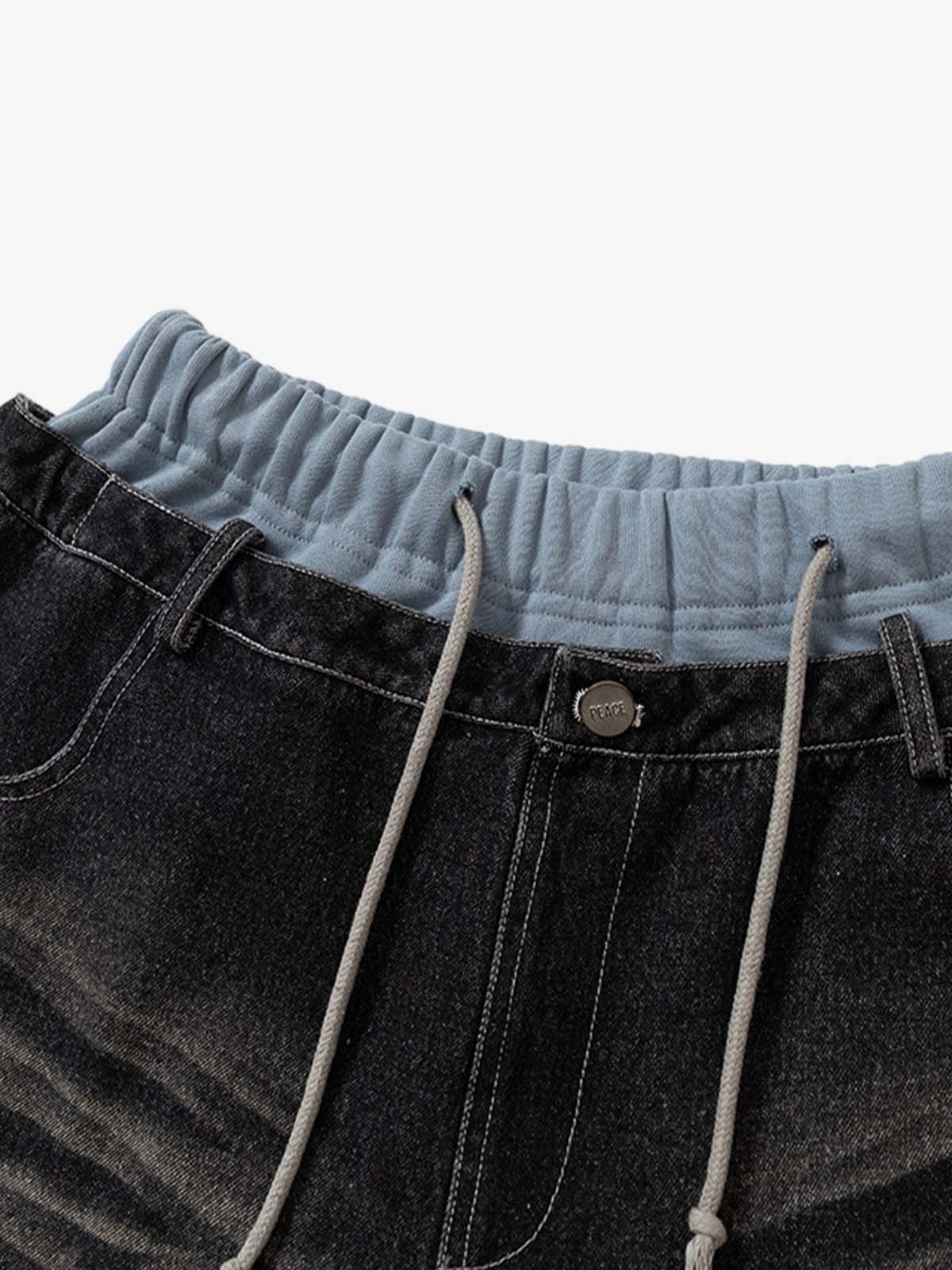 Thesupermade Double-waistband Denim Patchwork Ripped Casual Pants 