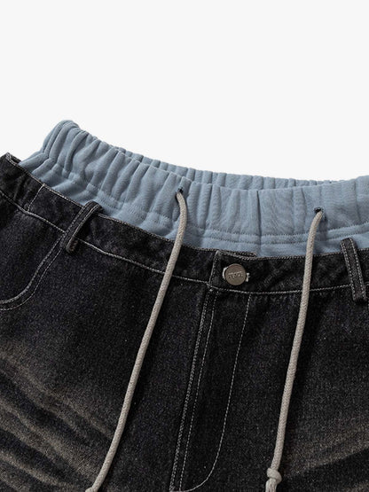 Thesupermade Double-waistband Denim Patchwork Ripped Casual Pants 