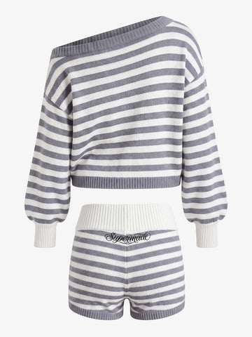 Scorpion Embroidered Off-Shoulder Striped Knit Set