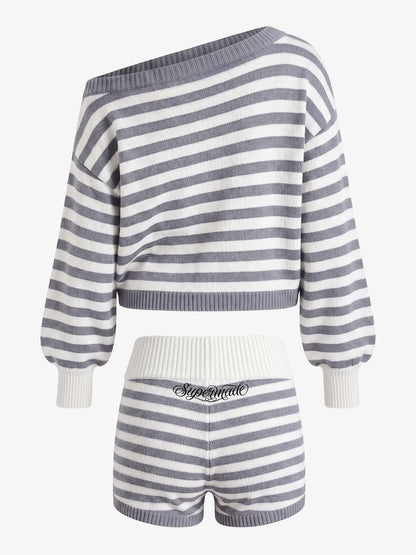 Scorpion Embroidered Off-Shoulder Striped Knit Set