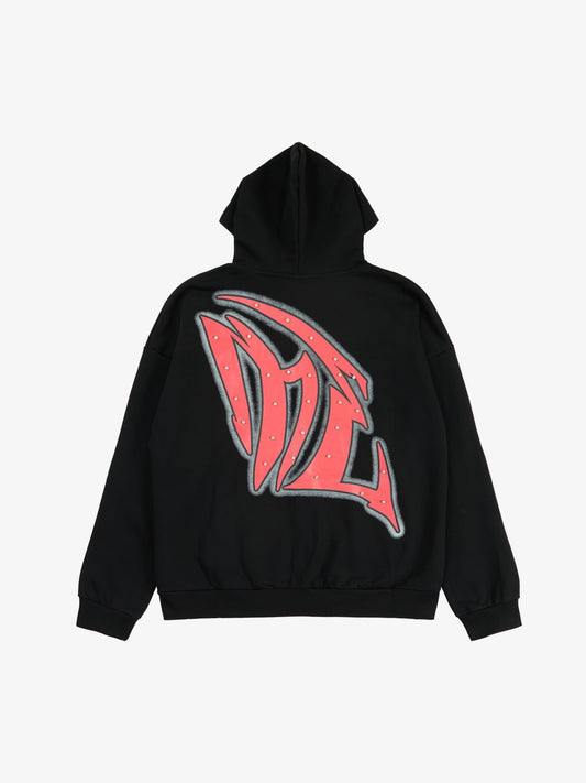 Retro Gothic Print Rhinestone Zip-Up Hoodie 