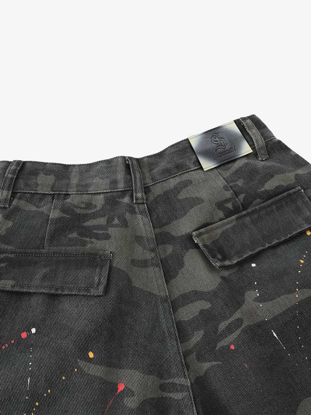 Camo Cargo Shorts with Paint Splatter – Relaxed Fit Utility Streetwear