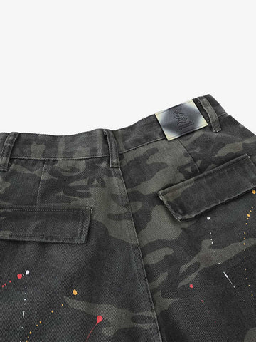 Camo Cargo Shorts with Paint Splatter – Relaxed Fit Utility Streetwear