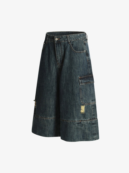 Deconstructed Multi-pocket Cargo Denim Jorts 