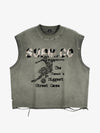 Distressed streetwear style loose sleeveless vest, decorated with a soccer print pattern and distressed and washed details, with metal eyelet details. 