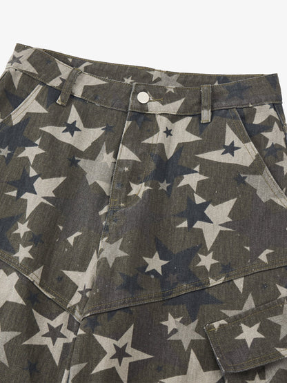 Retro Star Print Barrel Cargo Pants 