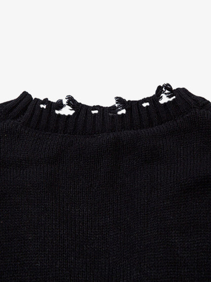 Irregular Neck Hole Hollow Knit Raw Edge Sweater 
