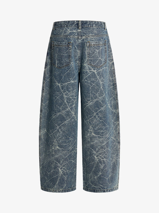 Retro Crackle-Washed Barrel Jeans 