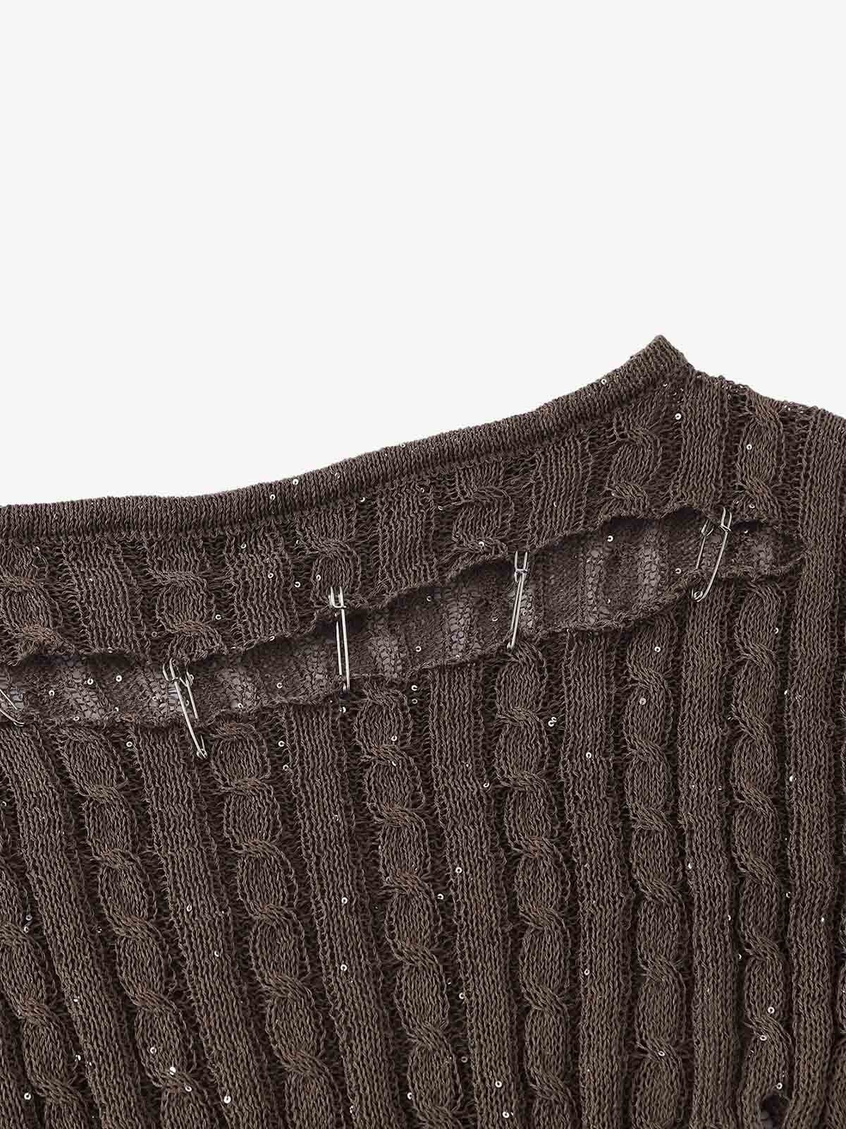 Distressed Pin Off-Shoulder Pullover