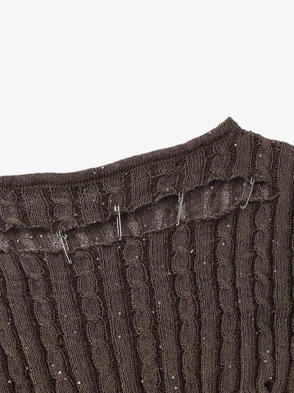 Distressed Pin Off-Shoulder Sweater