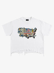 USA Map Ripped Hem T-Shirt 