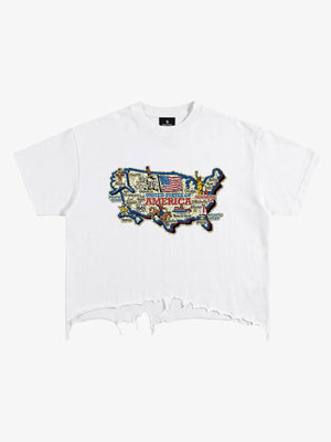 USA Map Ripped Hem T-Shirt 