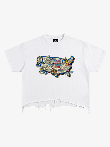 USA Map Ripped Hem T-Shirt 