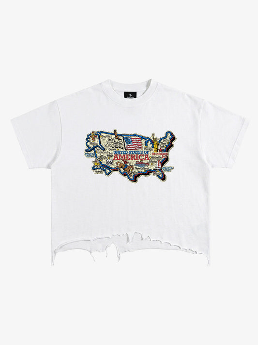 T-shirt à ourlet déchiré avec carte des États-Unis
