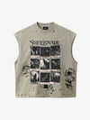 Distressed Graphic Sleeveless Cotton Vest