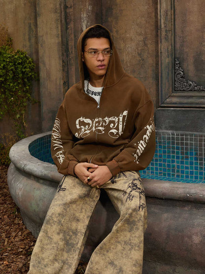 Supermade Vintage Distressed Studded Gothic Font Zipper Sweatshirt 